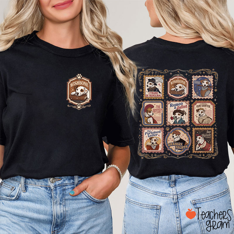Wishbone Dog Classic Book Stamp Art Teacher Two Sided T‑Shirt