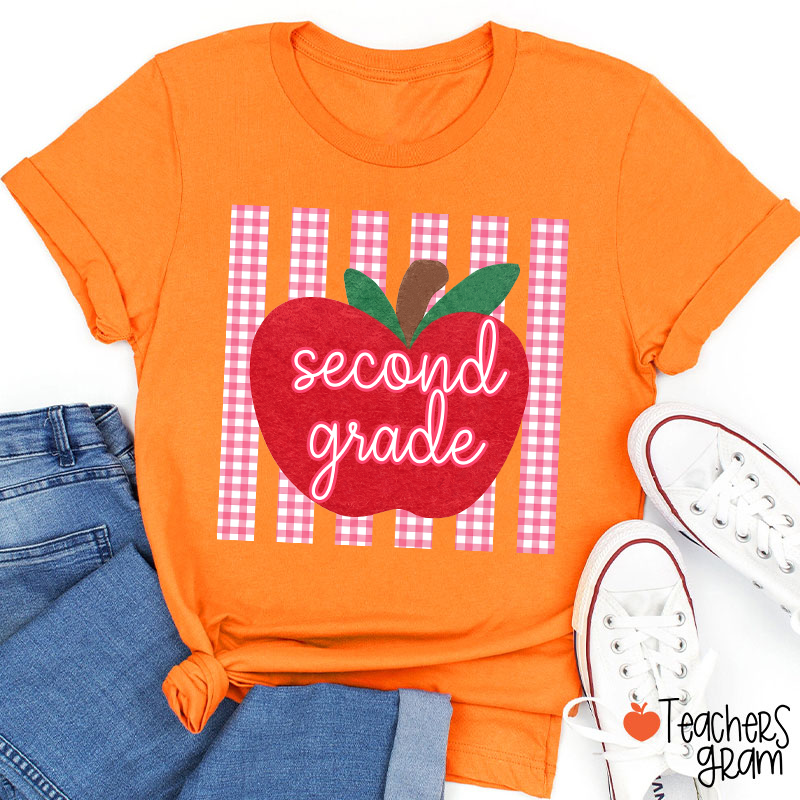 Personalized Grade Gingham Apple Teacher T-Shirt