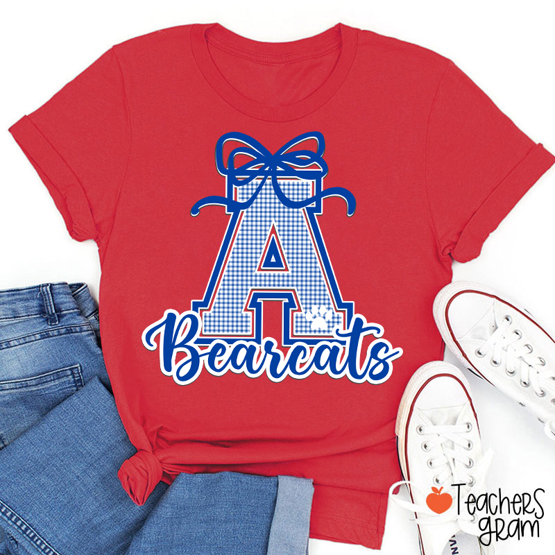 Personalized Mascot Gingham Varsity Coquette Bow Teacher T-Shirt
