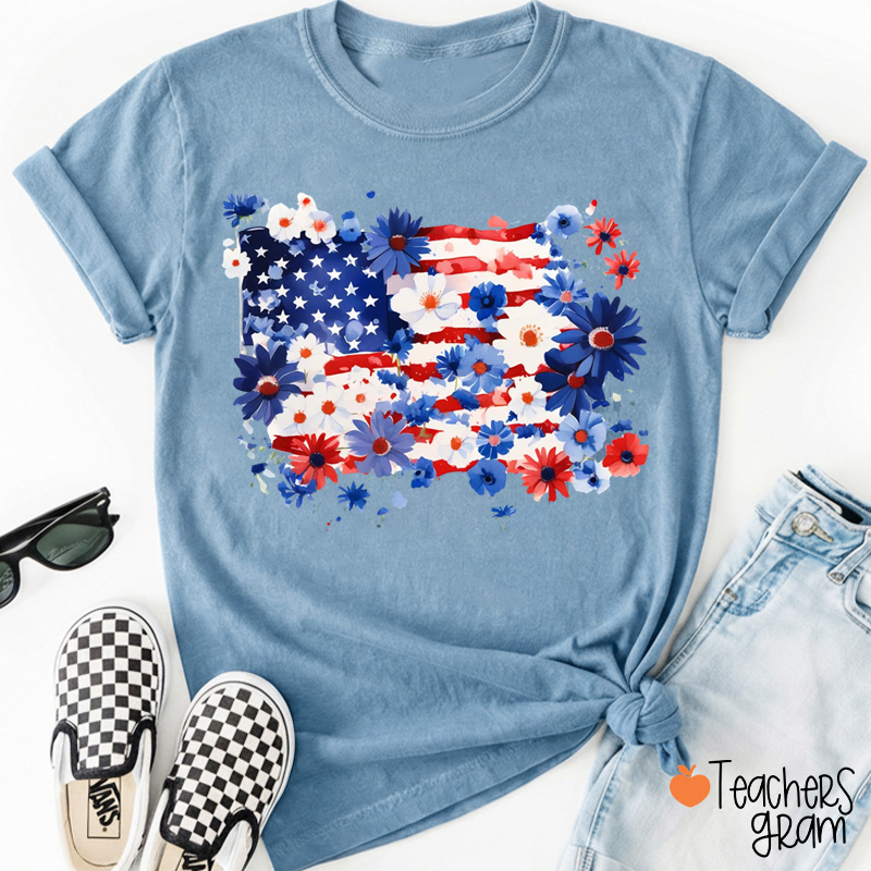 Floral American Flag Patriotic Teacher T-Shirt