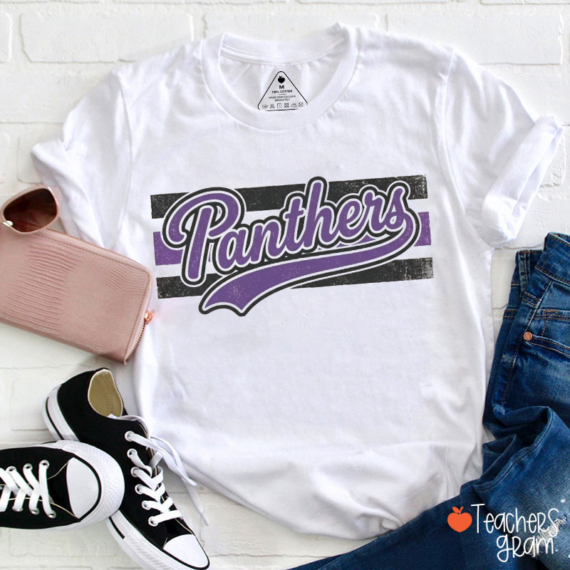 Personalized Mascot Vintage Script Striped Swoosh Sport Teacher T‑Shirt