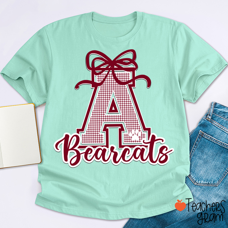 Personalized Mascot Gingham Varsity Coquette Bow Teacher T-Shirt