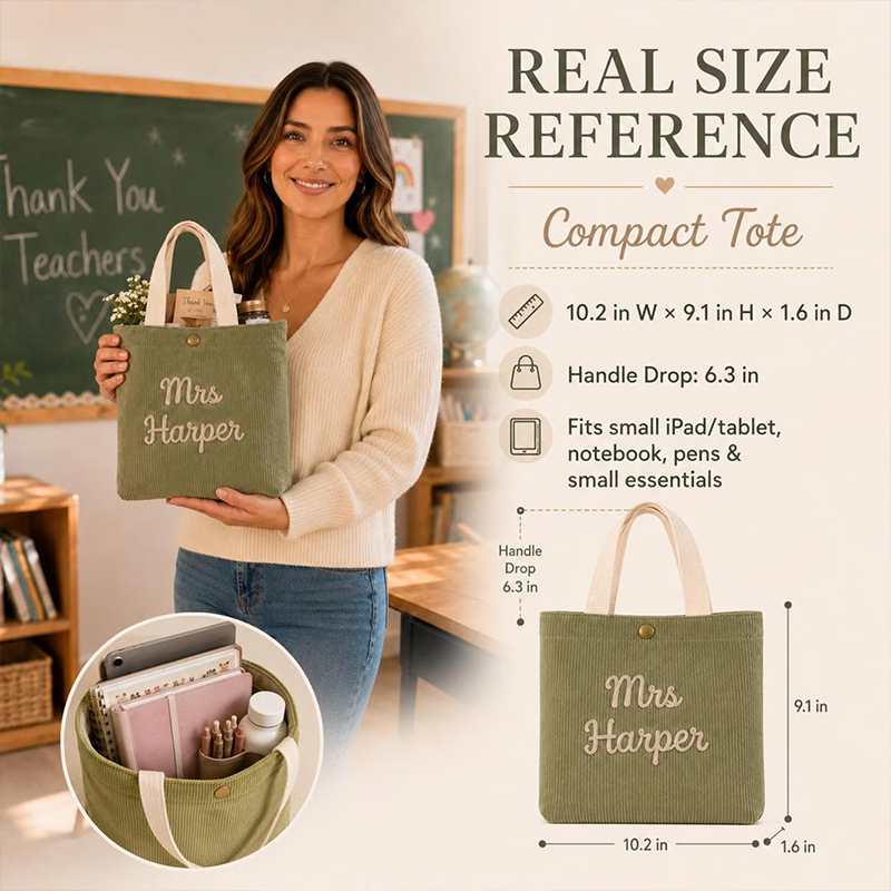 Personalized Name Chunky Yarn Embroidery Corduroy Teacher Lunch Bag
