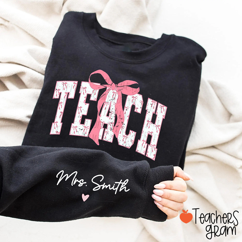 Personalized Name Coquette Bow Teacher Sleeve Print Sweatshirt