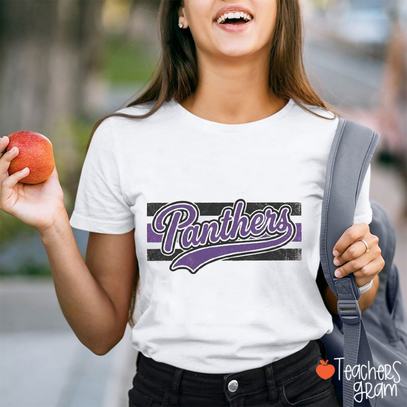 Personalized Mascot Vintage Script Striped Swoosh Sport Teacher T‑Shirt