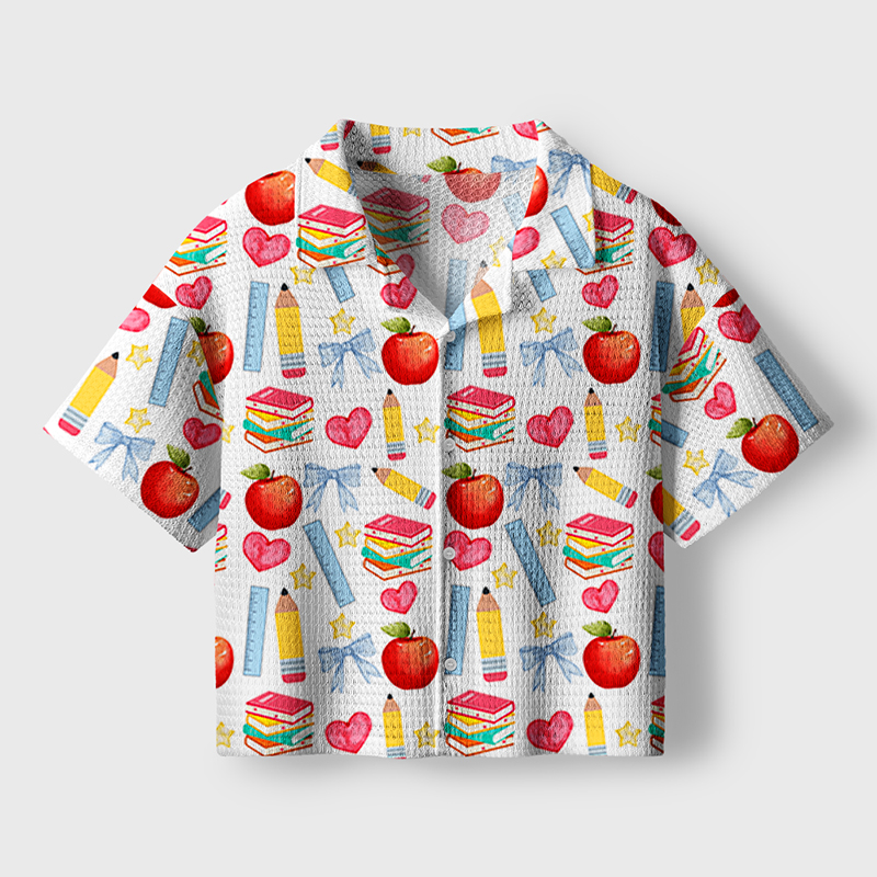 Apple Pencil Books Bow Teacher Crochet Crop Camp Shirt