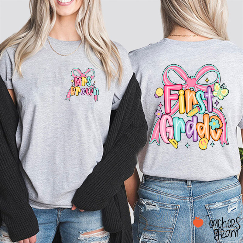 Personalized Name And Grade Pink Bow Teacher Two Sided T-Shirt