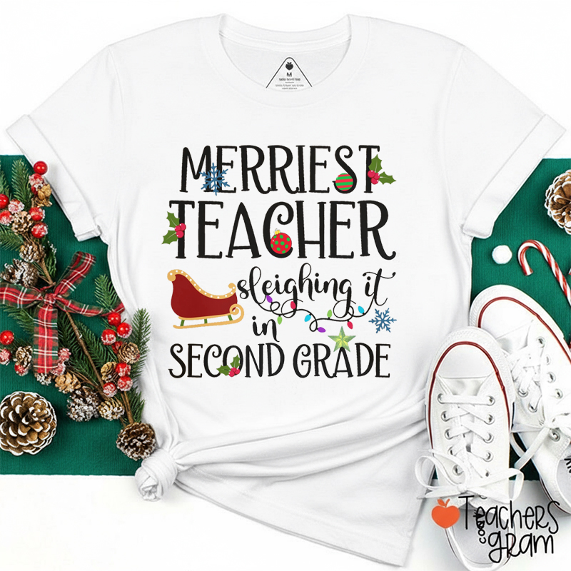 Personalized Grade Merriest Teacher Sleighing It Teacher T-Shirt