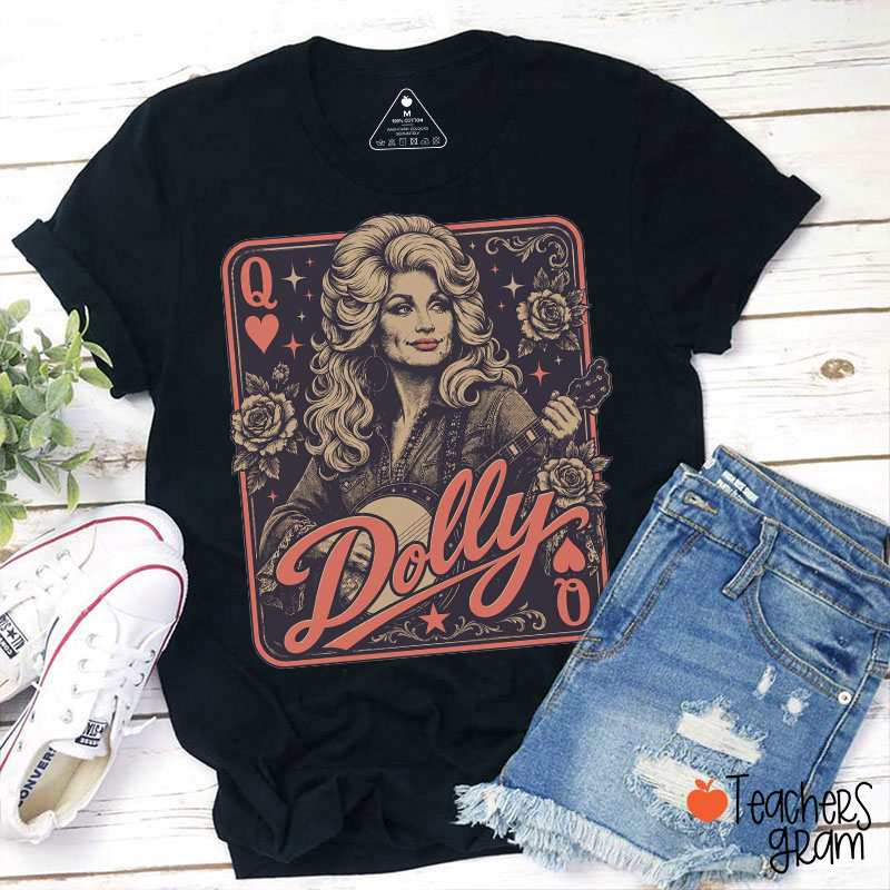 Dolly Queen Of Hearts Playing Card Rose Banjo Teacher T‑Shirt