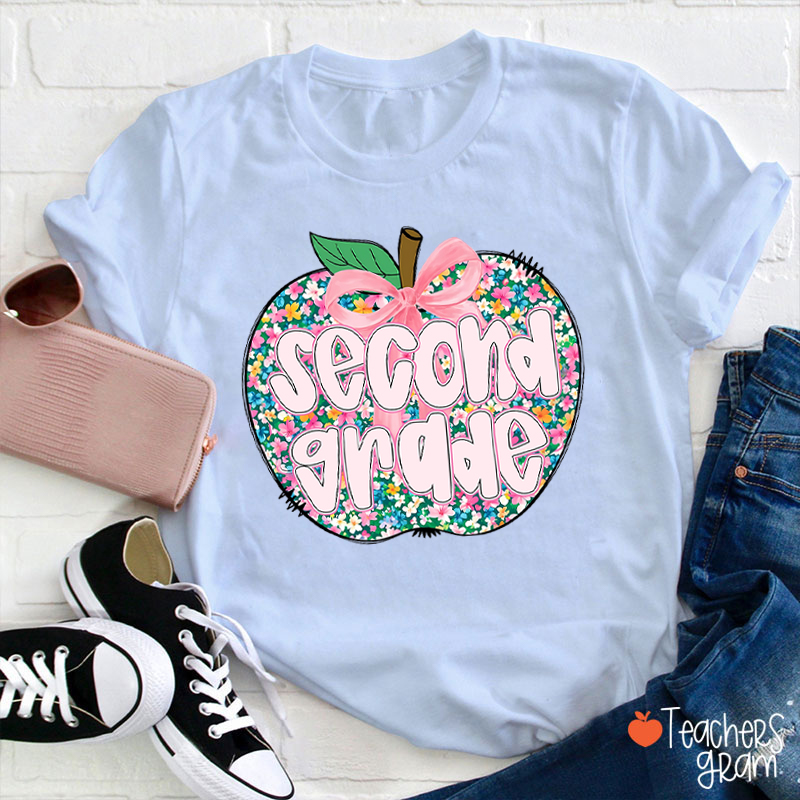 Personalized Grade Flowers Apple Teacher T-Shirt