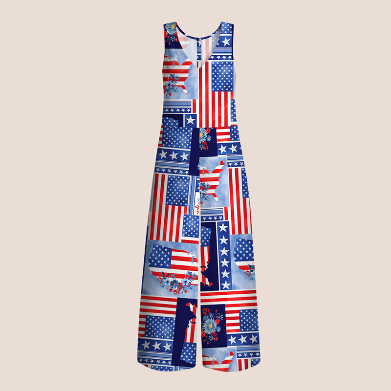 Red White Blue Plaid Floral Flag Teacher Jumpsuit