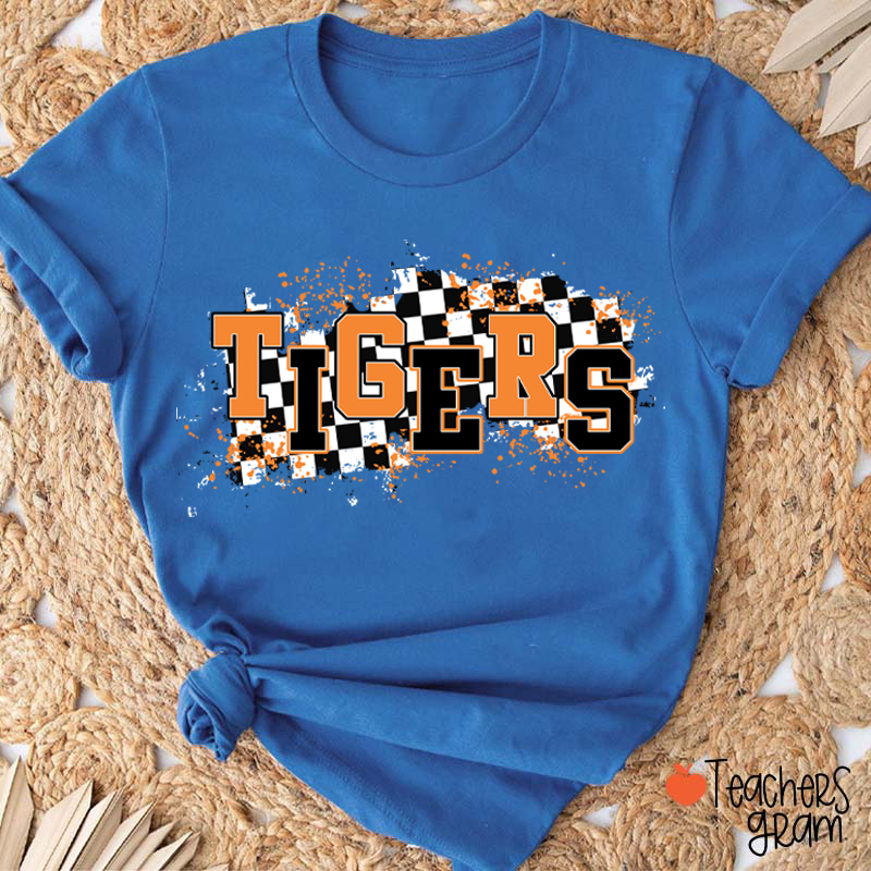 Personalized Mascot School Spirit Checkered Print Teacher T-Shirt