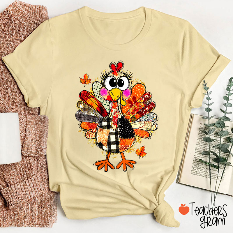 Collage Of Flowers And Thanksgiving Turkey Teacher T-Shirt