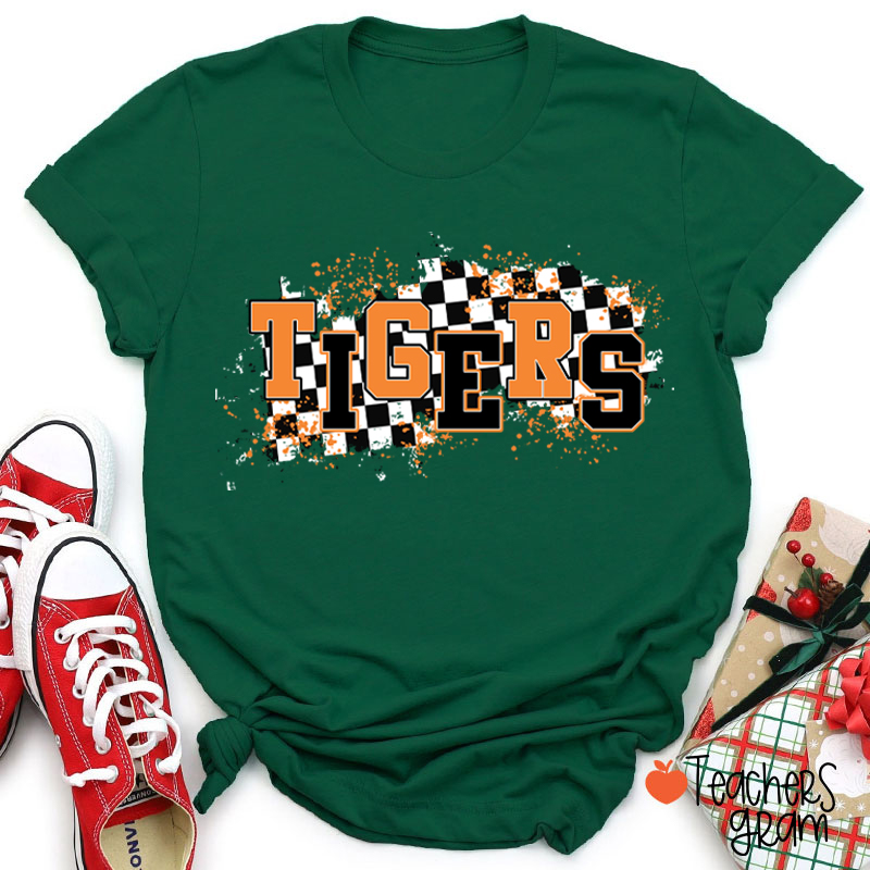 Personalized Mascot School Spirit Checkered Print Teacher T-Shirt