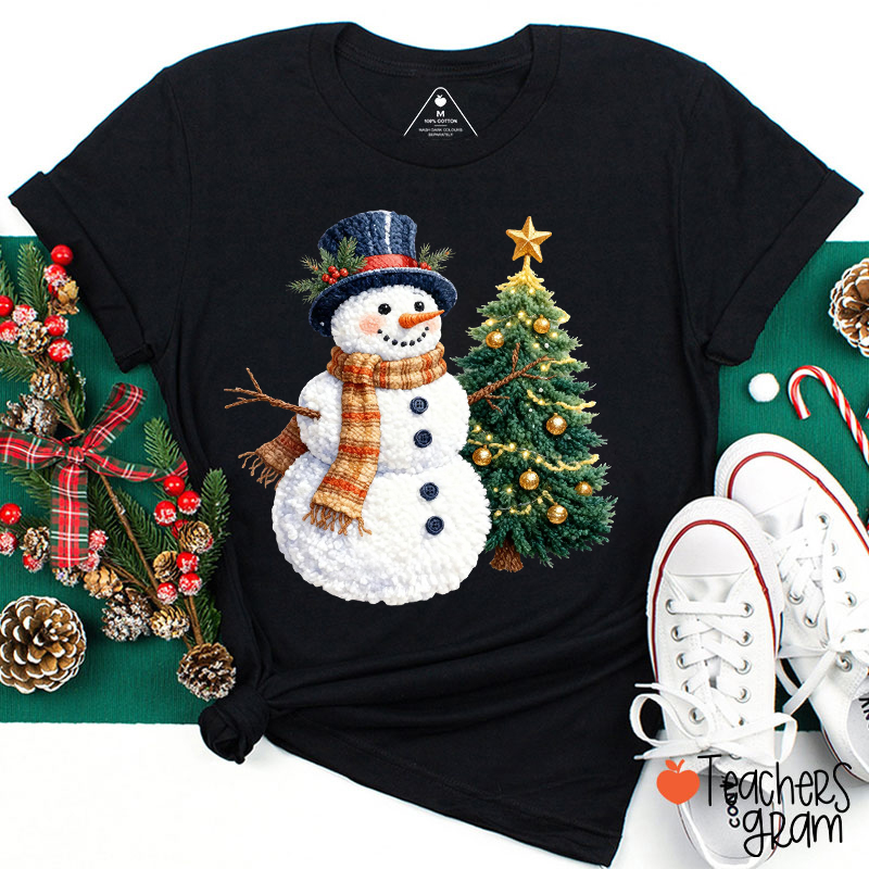 Faux Yarn Winter Snowman Christmas Tree Teacher T-Shirt