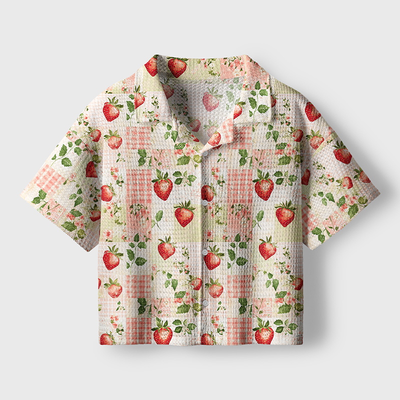 Strawberry Faux Patchwork Teacher Crochet Crop Camp Shirt