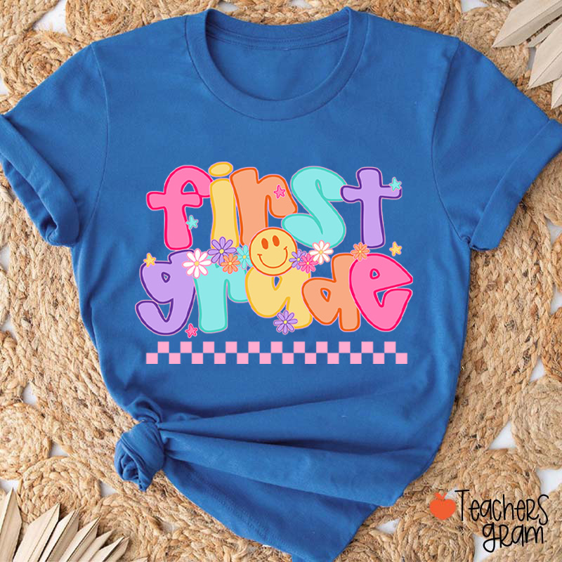Personalized Grade Candy Color Fonts Checkered Teacher T-Shirt