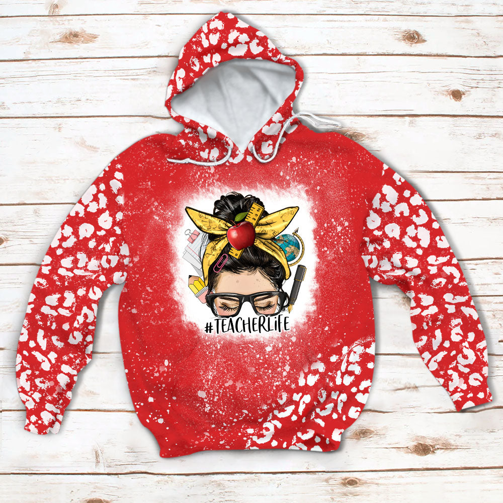 Personalized Messy Bun Teacher Printed Hooded Sweatshirt