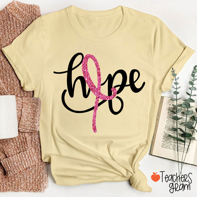 Pink Ribbon Hope Breast Cancer Teacher T-Shirt Sale-Teachersgram