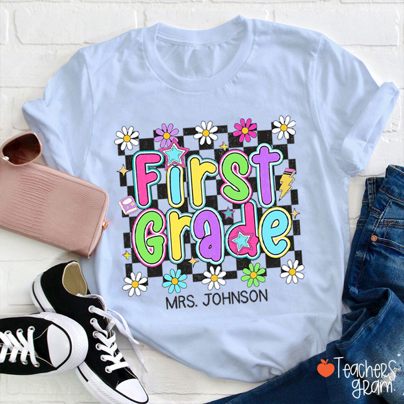 Personalized Name And Grade Checkered Flowers Teacher T-Shirt