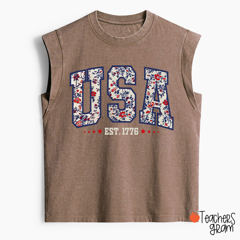 Retro Floral USA Teacher Washed Tank Top