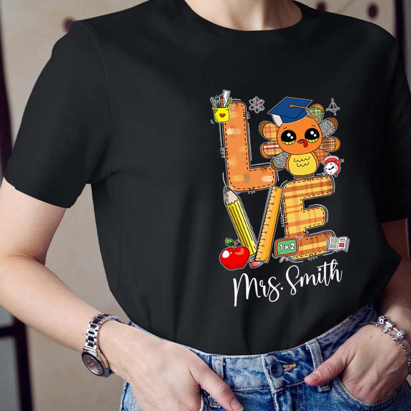 Personalized Name Thankful Cute Turkey Teacher T-Shirt