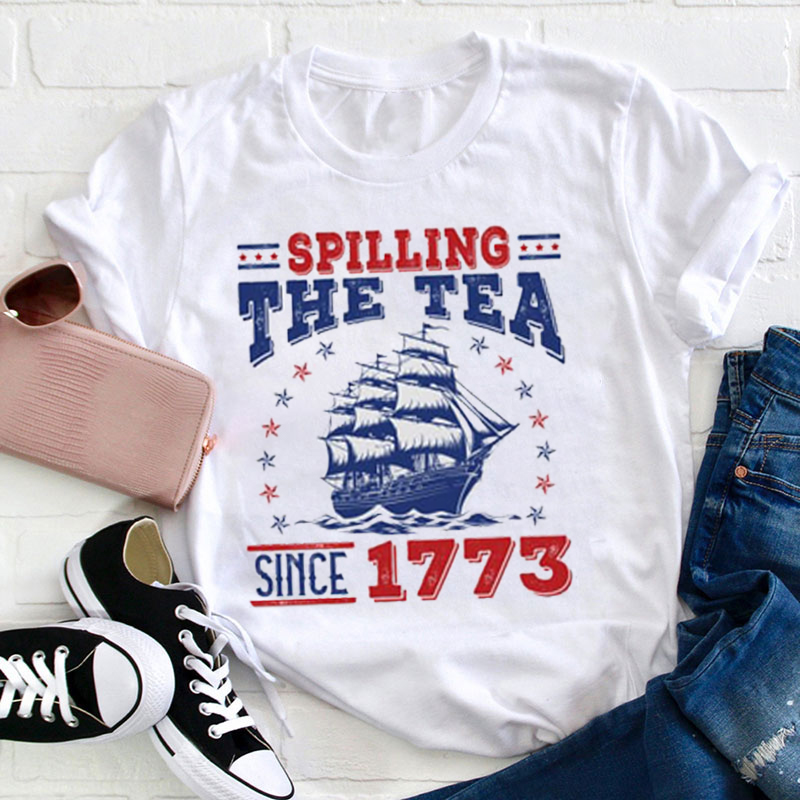 Red And Blue Spilling The Tea Teacher T-Shirt