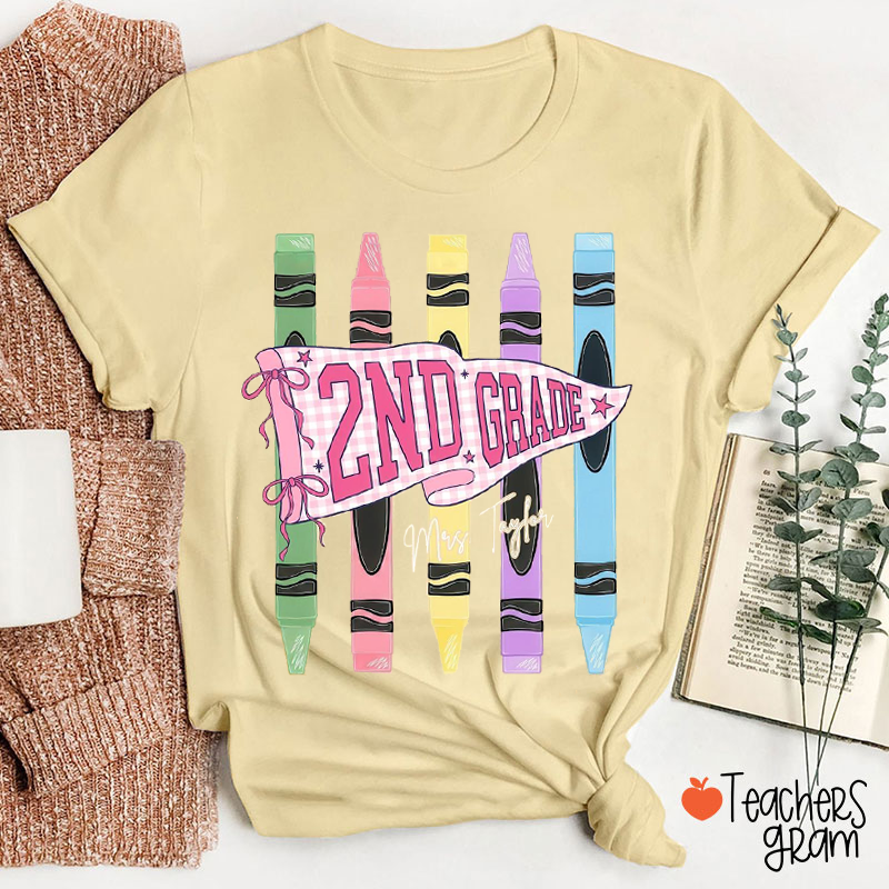 Personalized Name And Grade Colorful Flag Crayon Teacher T-Shirt