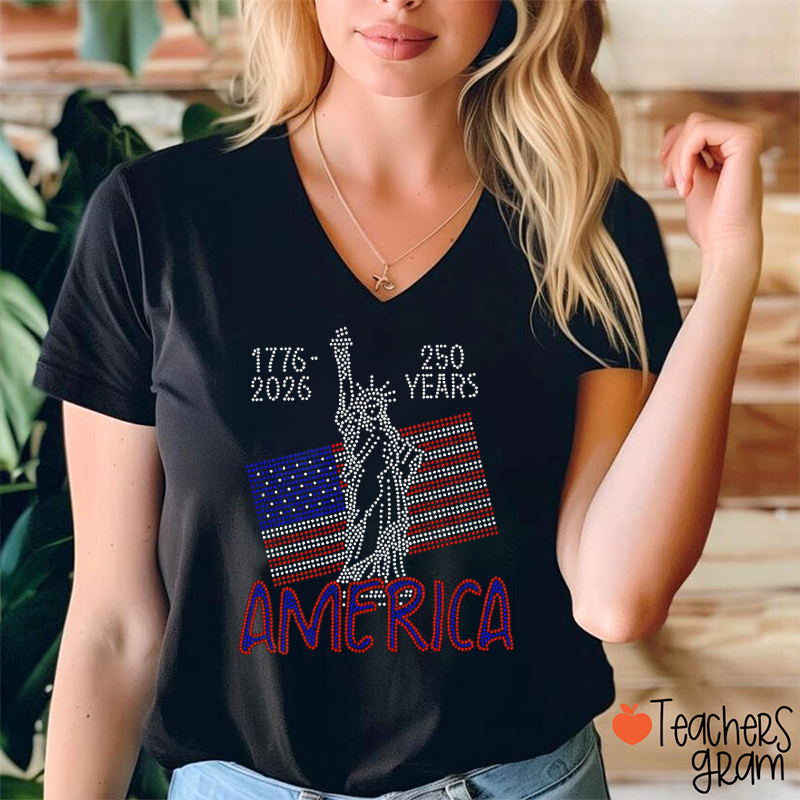 250 Years America Rhinestone Teacher Female V-Neck T-Shirt