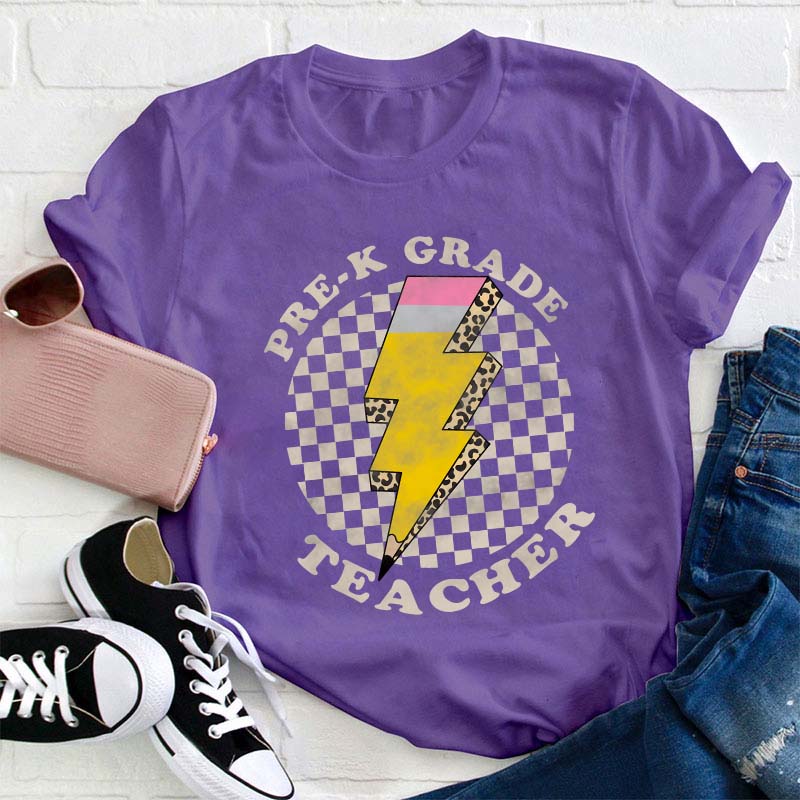 Personalized Grade Pencil Lighting Teacher T-Shirt