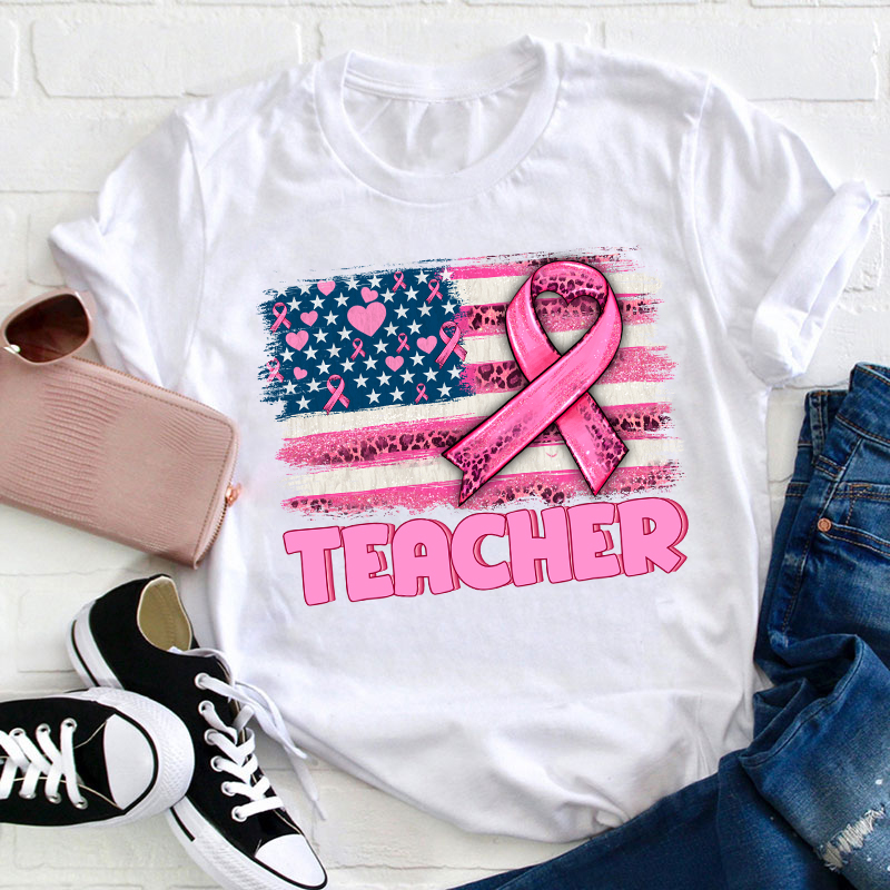 Personalized American Flag With Pink Ribbon Teacher T-Shirt