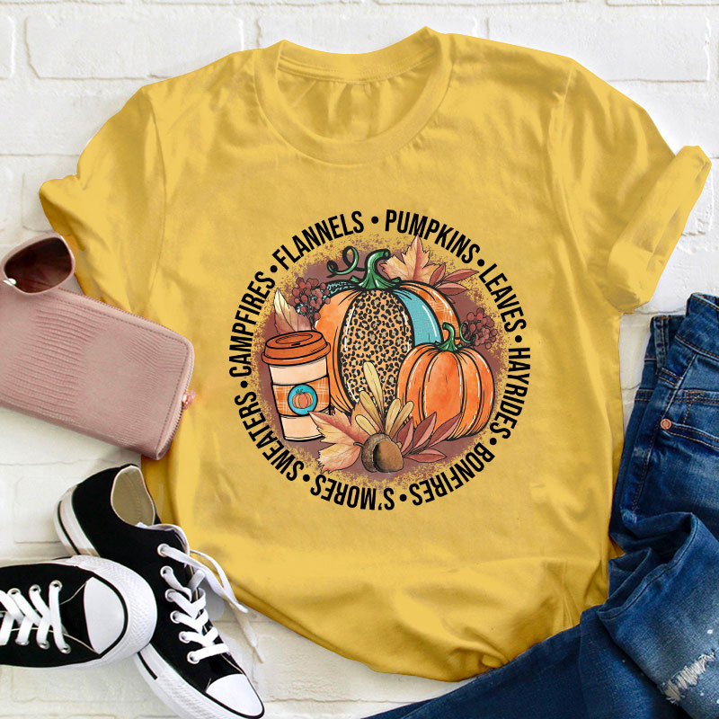 Pumpkin Leaves Hayrides Teacher T-Shirt