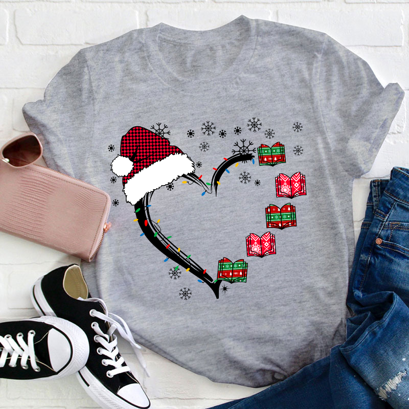 Christmas Books Heart Teacher T-Shirt