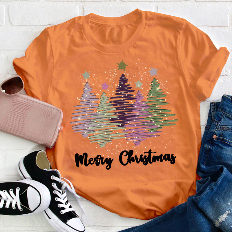 Merry Christmas Colorful Trees Teacher T-Shirt