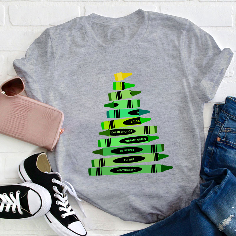 Green Crayon Christmas Tree Teacher T-Shirt