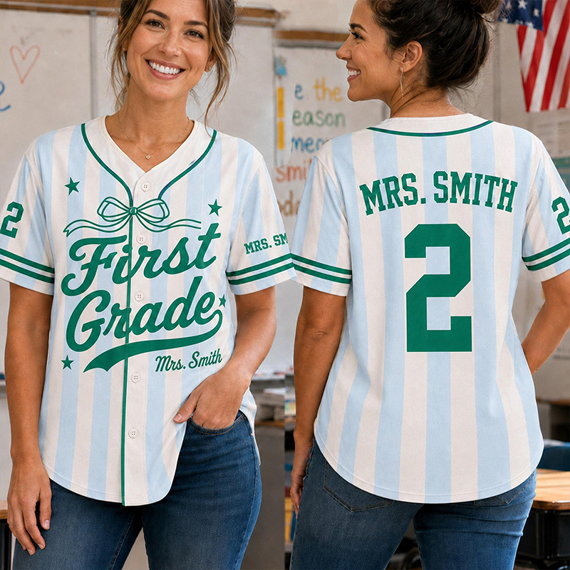 Personalized Grade And Name Stripe Bow Teacher Baseball Jersey