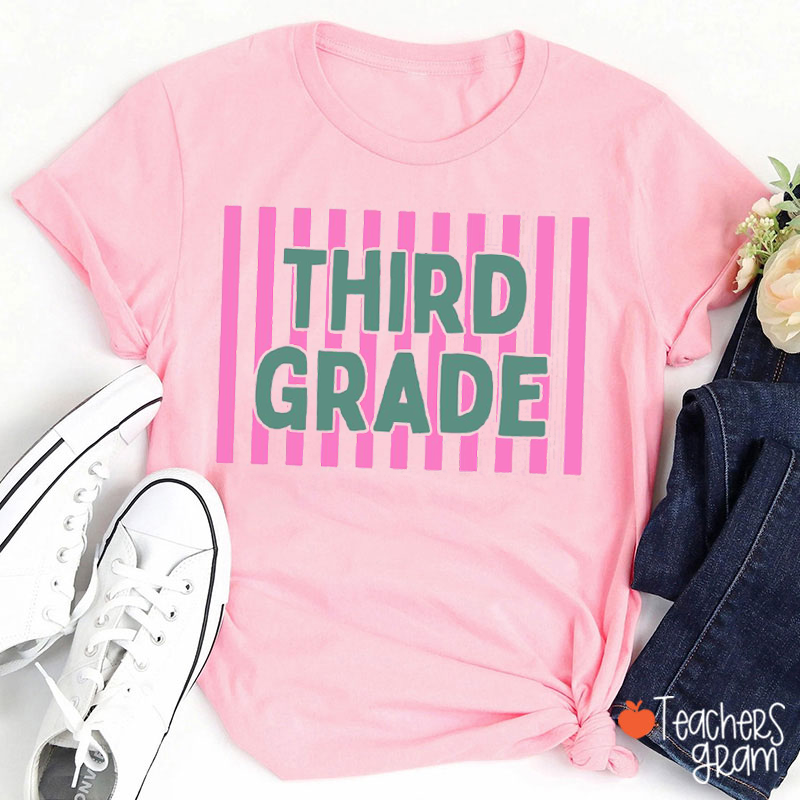 Personalized Grade Vertical Stripes Bold Teacher T-Shirt