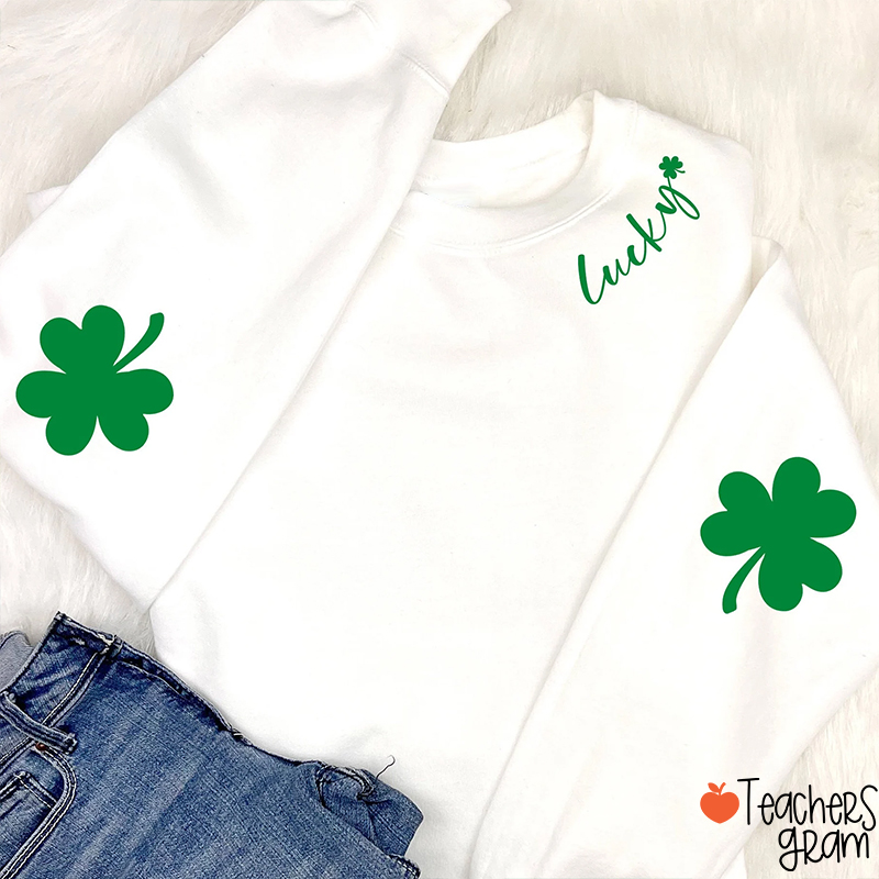 Lucky Shamrock Elbow St. Patricks Day Teacher Sleeve Print Sweatshirt