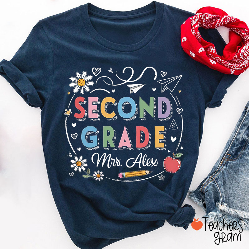 Personalized Name Paper Plane Flower Heart Star Pencil Apple Teacher T-Shirt