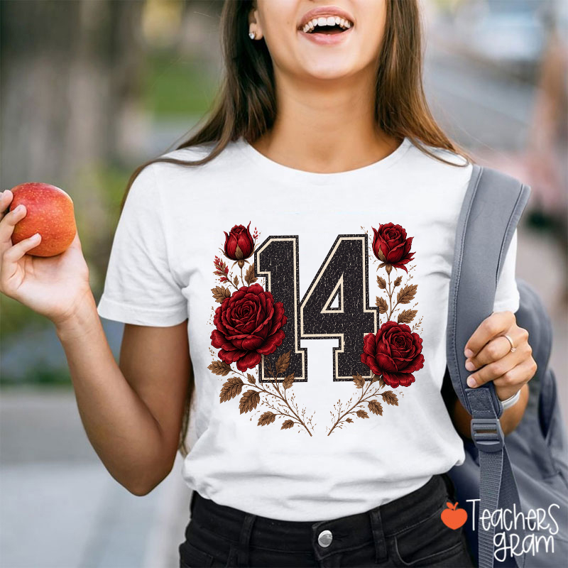 Personalized Initial Letter Red Rose Wreath Teacher T‑Shirt