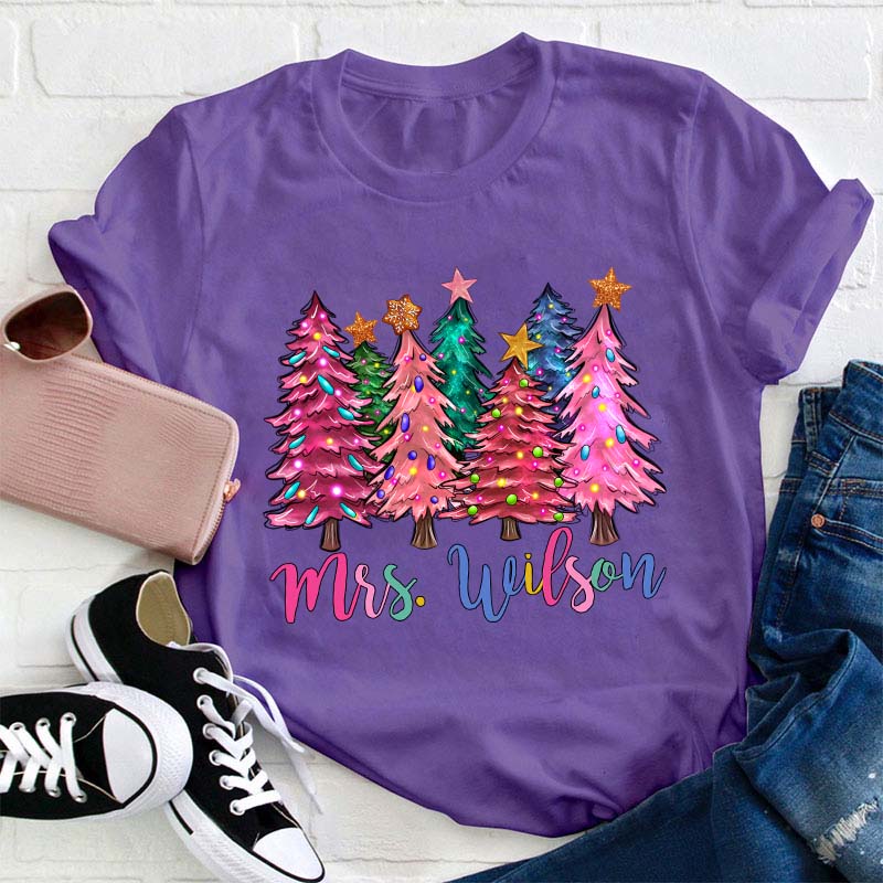 Personalized Name Colorful Christmas Trees Teacher T-Shirt