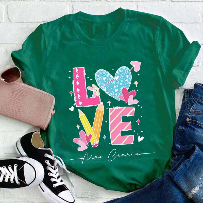 Personalized Love Teacher Name Heart Teacher T-Shirt