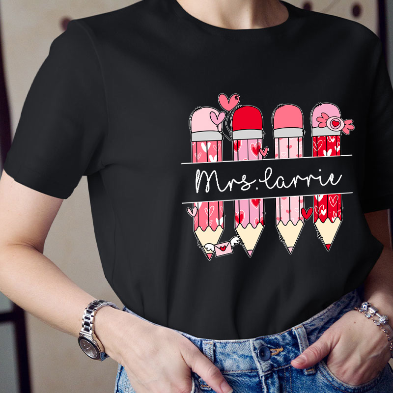Personalized Pink Pencil Name Teacher T-Shirt