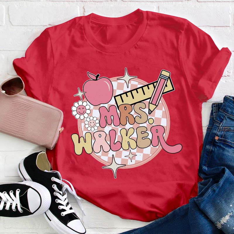 Personalized Pink Checkerboard Teacher T-Shirt