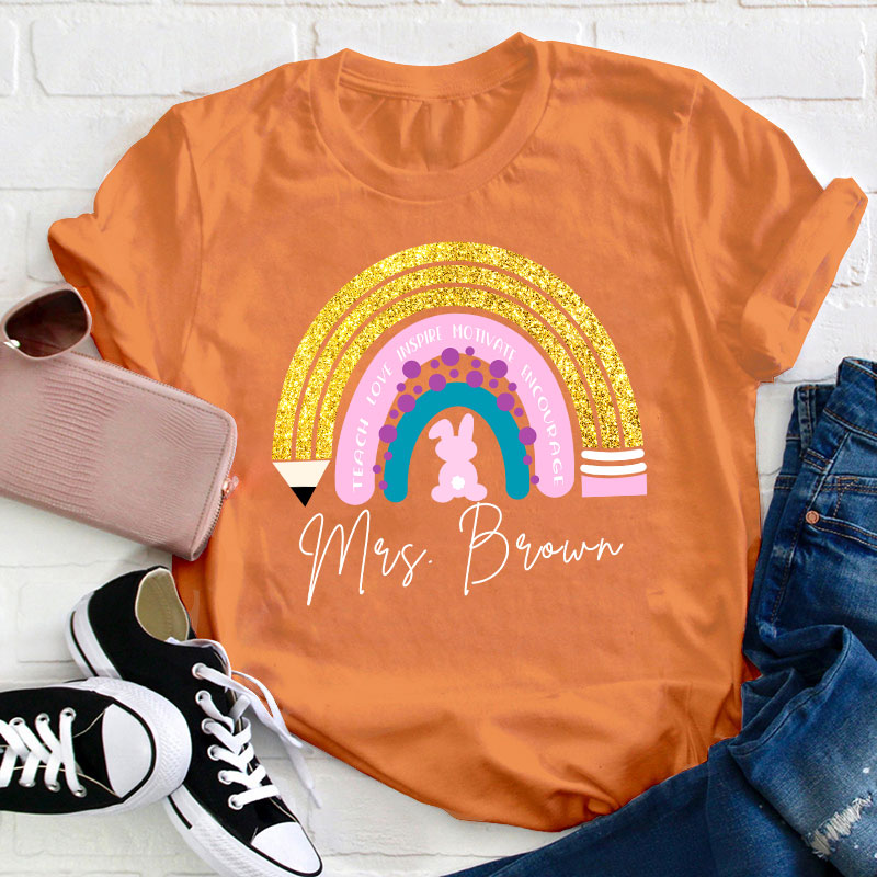 Personalized Name Easter Bunny Rainbow Teacher T-Shirt