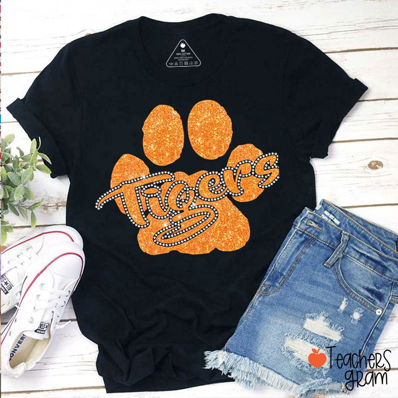 Personalized Mascot Paw Faux Glitter Rhinestone Teacher T-Shirt