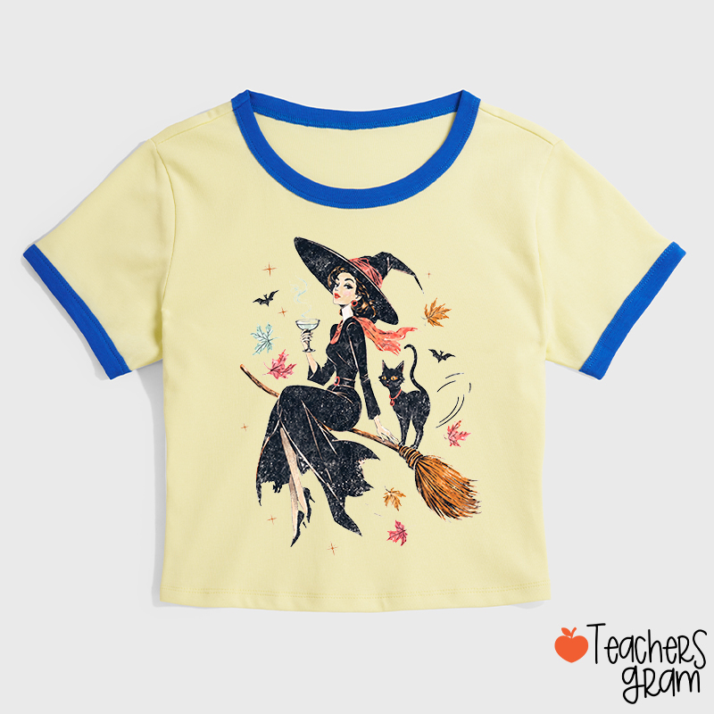 Vintage Witch Halloween Teacher Ringer T‑Shirt