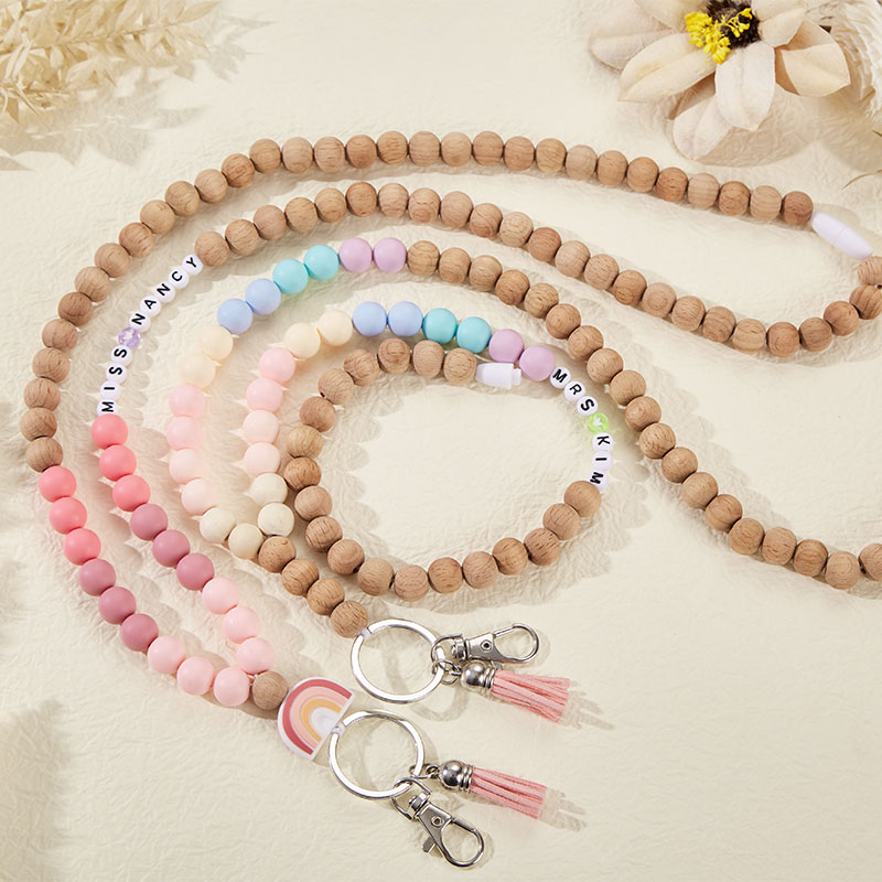 Personalized Name Multicolor Wooden Beads Teacher Lanyard