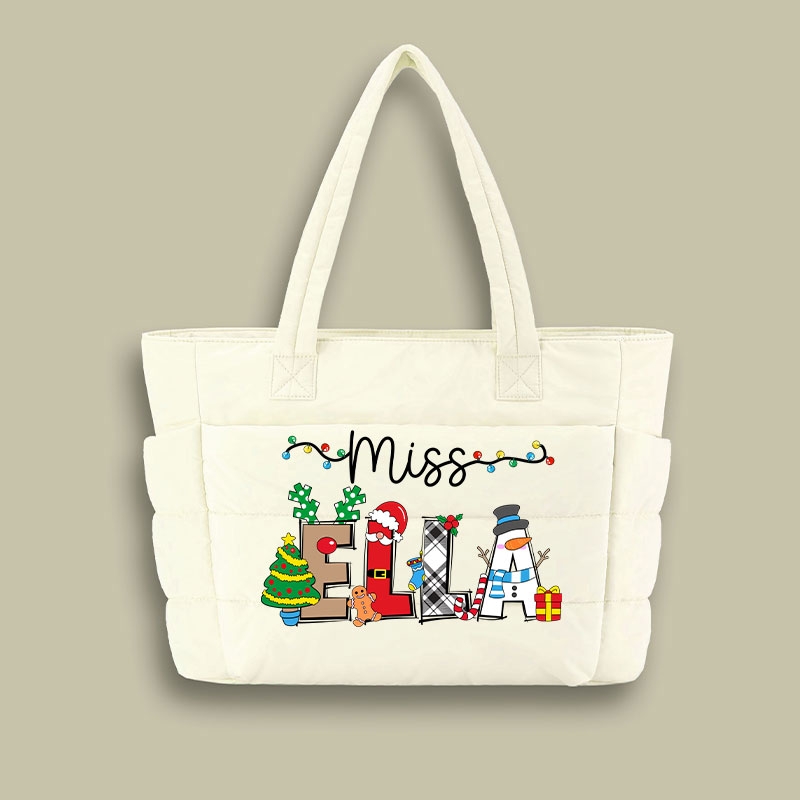 Personalized Name Cute Christmas Elements Teacher Puffy Tote Bag