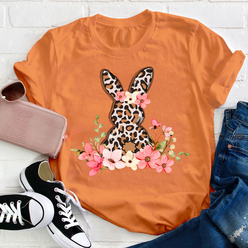 Leopard Floral Bunny Teacher T-Shirt